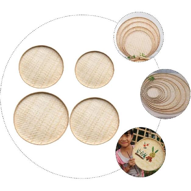 4 Pcs Handwoven Flat Wicker Round Fruit Basket Woven Food Storage Weaved Shallow Tray Organiser Vegetable Fruit Bowl DIY Drawing Board Wall Basket