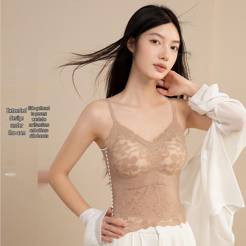 Women's French Lace Camisole Top with Built-in Padding, Side Shaping, Slimming, Bodycon, Inner/Outer Wear, and Stylish Back