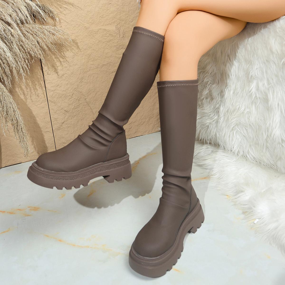 

Сексуальные черные ботфорты на толстой подошве до колена Женские 2025 Зима Комфортная платформа Толстый каблук Эластичные длинные сапоги для верховой езды Обувь больших размеров 42