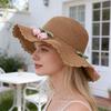 Beach Hat Wave Lace Trim Design Tulip Bow Decor Full Face Sun Protection Large Brim UV Blocking Summer Straw Hat