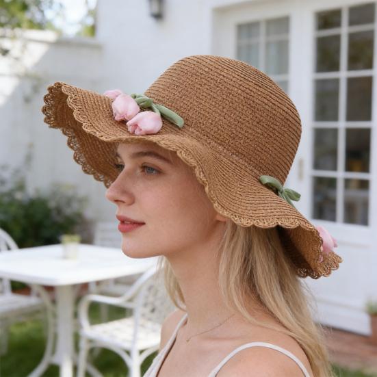 Beach Hat Wave Lace Trim Design Tulip Bow Decor Full Face Sun Protection Large Brim UV Blocking Summer Straw Hat