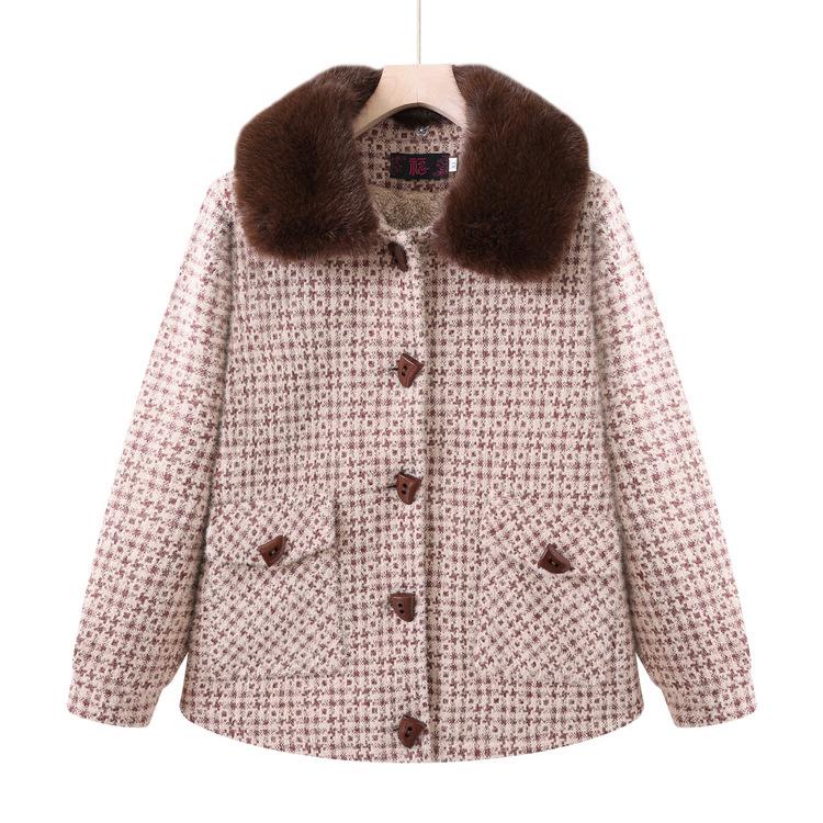 Middle-aged Fashion Mother Dress Mink Velvet Plaid Jacket Middle-aged and Old Women's Fur Collar Coat Plus Velvet Thickened Grandma Dress