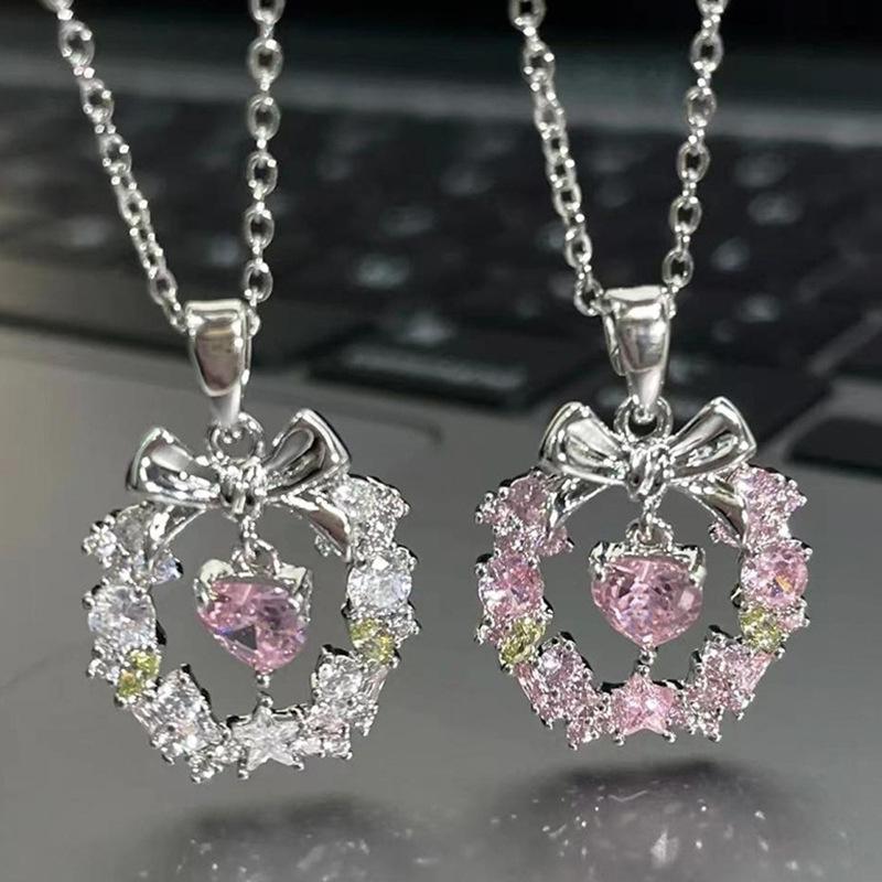 Elegant Pink Sweet Crystal Heart Pendant Necklace for Women Girl Y2K Zircon Bow Knot Romantic Choker Aesthetic Jewelry Gift