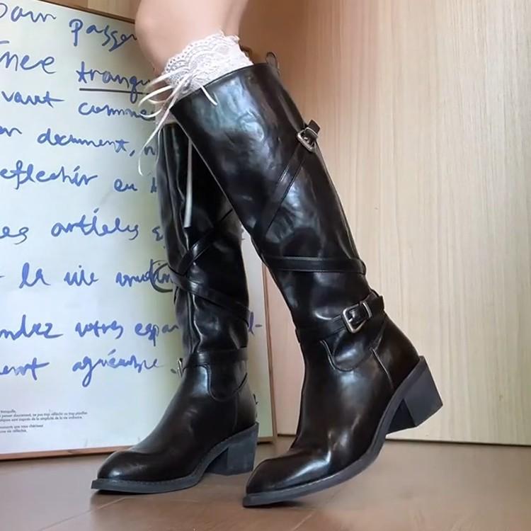 Blaue Kabinett-Edition~ Damen-Retro-Stiefel mit dickem Absatz, Ritterstiefel aus weichem Leder, weiter Schaft, Kreuzschnalle an der Spitze, Kniehohe Lokomotivstiefel