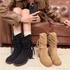 Spring Autumn New Women's Pleated Short Boots Vintage Thick Mid Heel Slip On Botas Mujer Long Fringe Black Bottes Femmes Size35