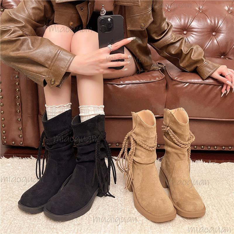 Spring Autumn New Women's Pleated Short Boots Vintage Thick Mid Heel Slip On Botas Mujer Long Fringe Black Bottes Femmes Size35