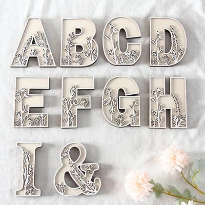 Wooden Alphabet Letters Wall Decor Set Engraved Floral Pattern Home Craft Ornaments Elegant Display for Living Room