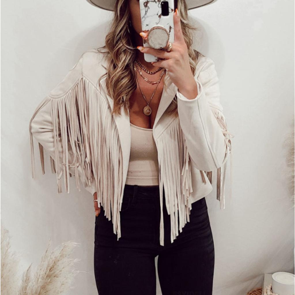 Women's Long Sleeve Slim Fit Short Coat Tassel Trim Casual Solid Color Jacket