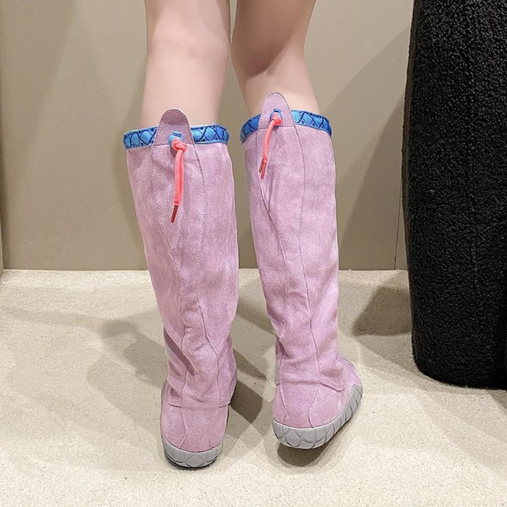 Women's Winter Long Boots Violet Long Tube Boots Women Shoes Retro Style Round Toe Versatile with Plush High Tube Knight Boots