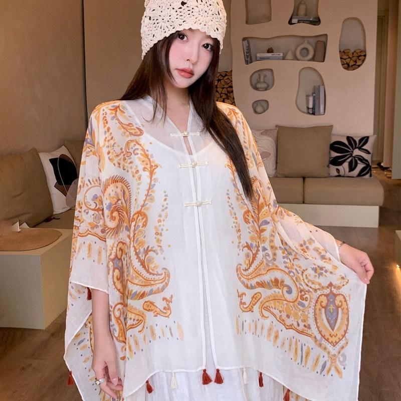 Small fresh white floral silk scarf women's summer travel buckle sunscreen large shawl beach towel thin yarn scarf scarf