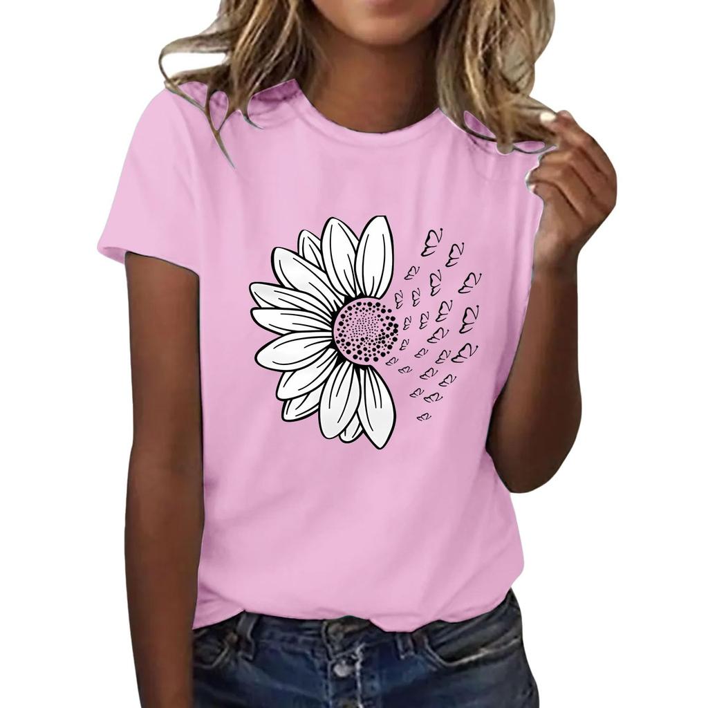 Women's Casual Floral Print Short Sleeved T-shirt With Round Neck  Top