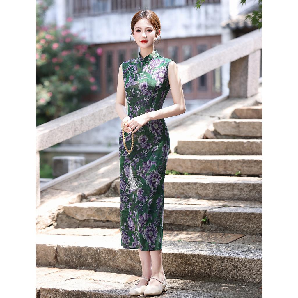 New Chinese retro green printed sleeveless temperament dress improved cheongsam waist wrap hip dress 1011 summer