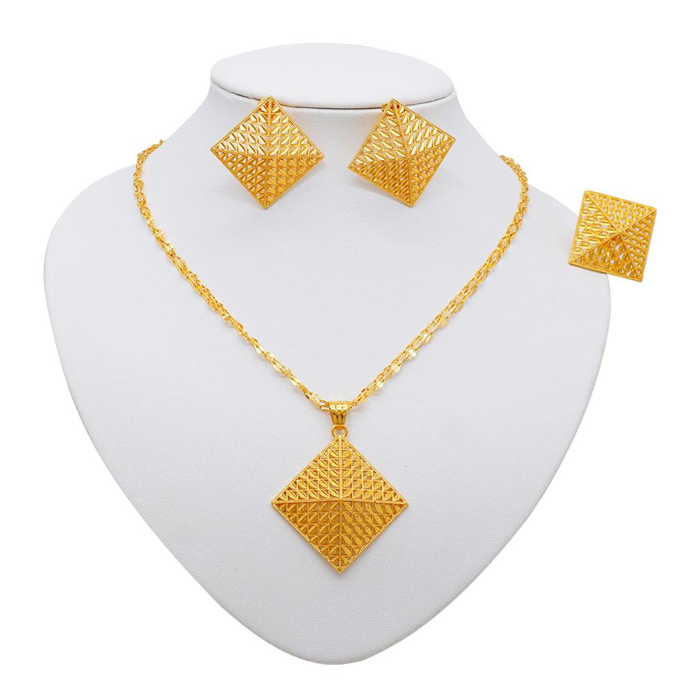 Ethiopia Dubai Gold Color Jewelry Set For Women Flower Pendant Ring Earrings 3 Piece Wedding Jewelry Accessories Jewelry