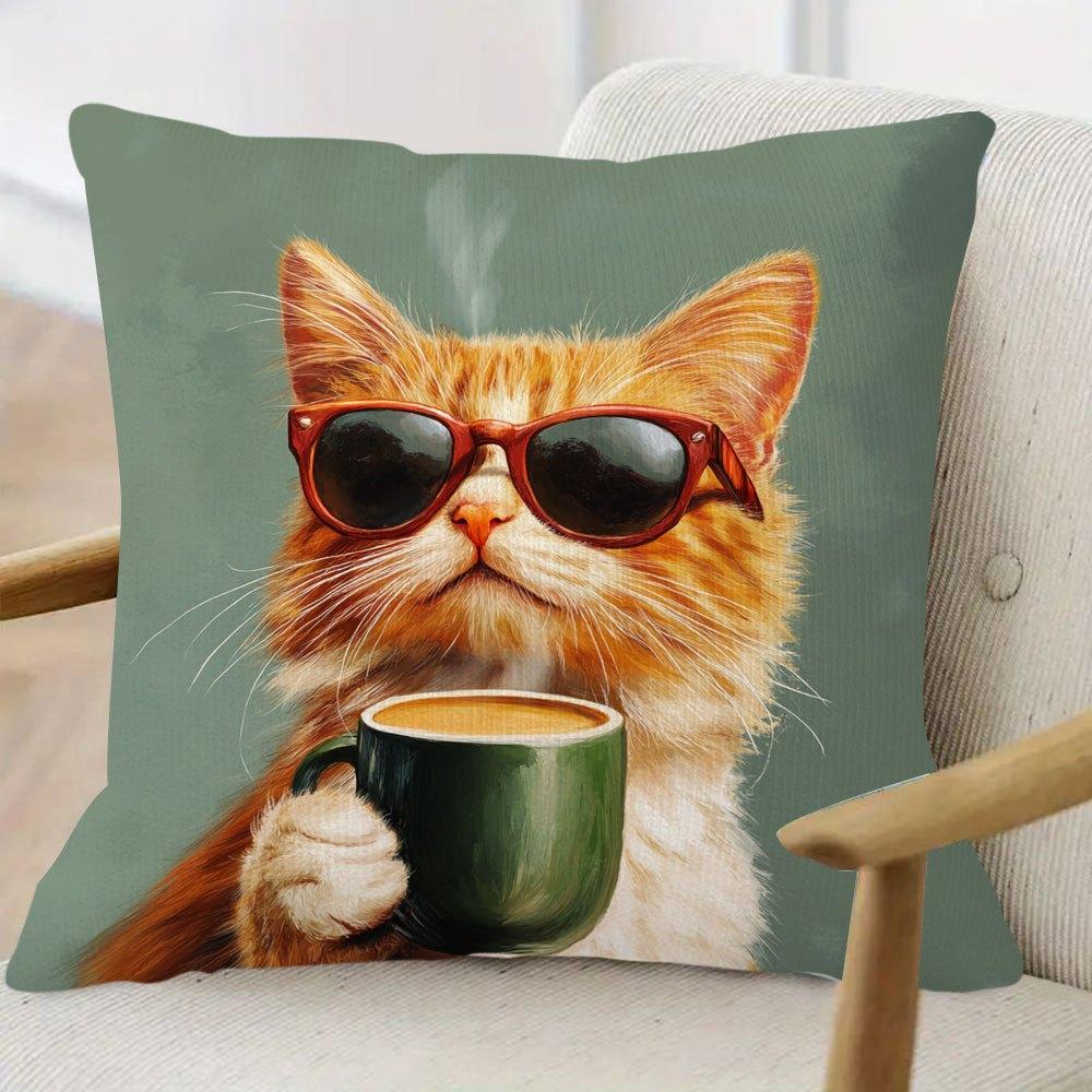 1Pc Cool Orange Cat Coffee Throw Pillow Cover,Suitable For Sofa,Bedroom,Livingroom,Studyroom,A Unique Gift For Cat Coffee Lovers