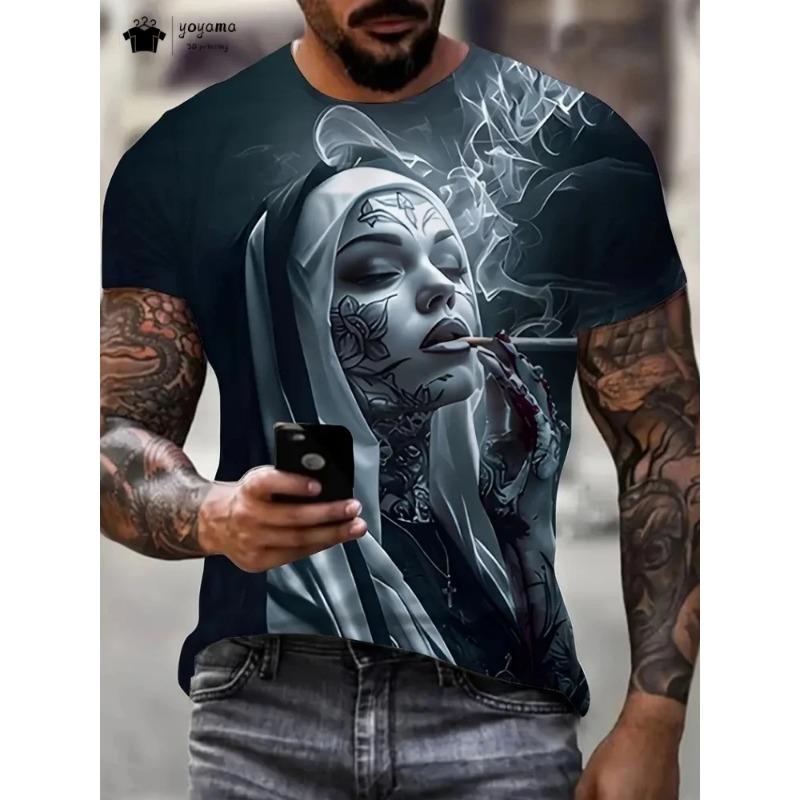Pánské tričko s 3D grafikou Smoking Nun Černé Ležérní Letní Tričko Krátký Rukáv Polyester Streetwear Trička Vintage Oblečení