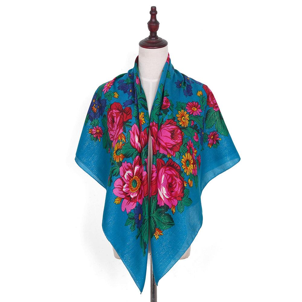 110*110Cm Golden Silvery Wire Russian Square Scarf Women Luxury Floral Print Handkerchief Ethnic Shawl Babushka Bandana Scarves