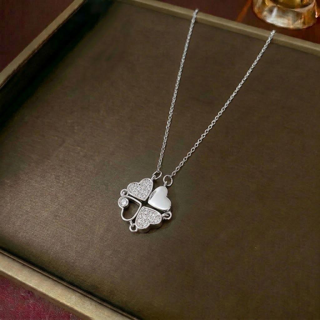 Women's Heart-Shaped Necklace with Four-Petal Flower, Cubic Zirconia, Titanium Steel Clavicle Chain - Elegant and Versatile Accessory