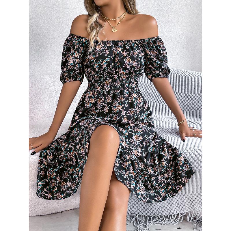 2026 Spring/Summer New Floral Print Square Neck Short Sleeve Waist-Cinching Ruffle Hem Women's A-Line Dress