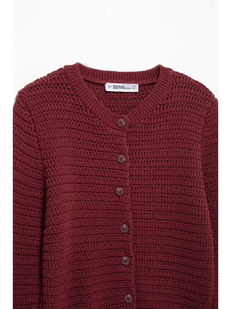 Women's Solid Color Long Sleeve Textured Knit Round Neck Single-breasted Cardigan Sweater