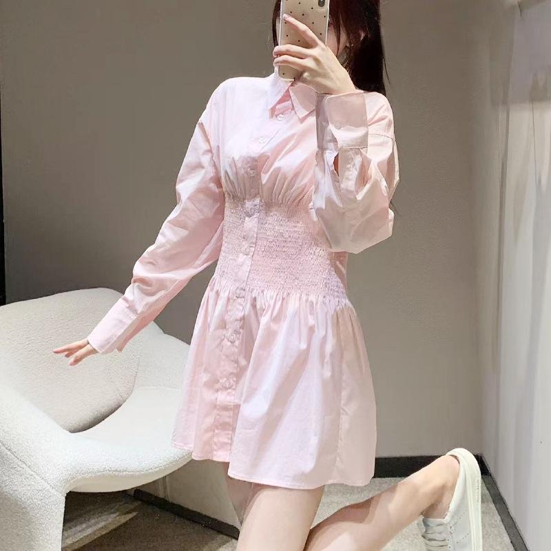2024 Women's Summer Long Sleeve Shirt Dress with Turn-Down Collar and Waist Tie