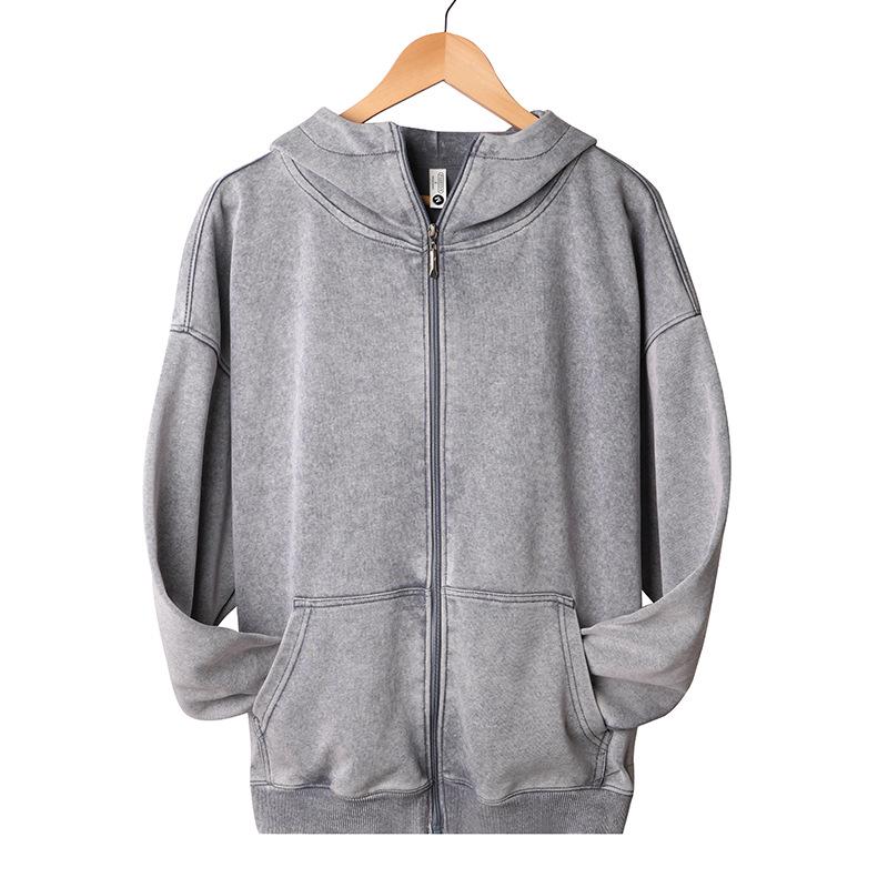 Европейский стиль 350 г Хлопок С капюшоном Потертый На молнии Кардиган - Унисекс Модная куртка Extra Large серый