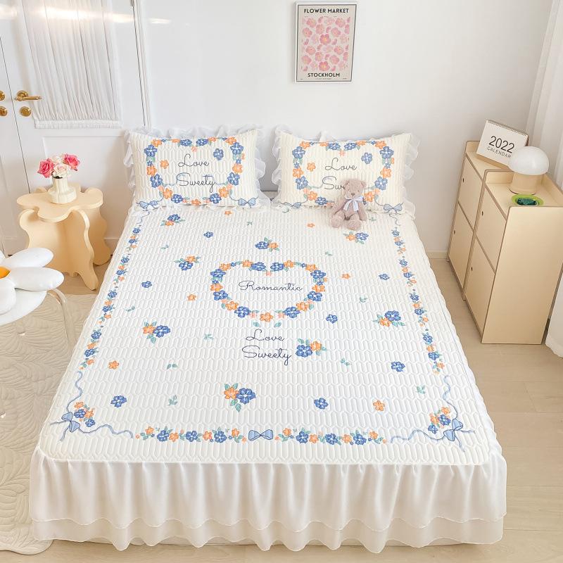 Παχύ στρώμα ύπνου από λάτεξ, σετ τριών τεμαχίων με βολάν κρεβατιού, μικρό φρέσκο, υψηλής ποιότητας δαντέλα σιφόν, πλένεται και διπλώνεται.