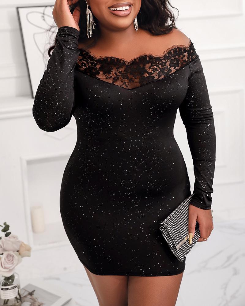Lace Off-the-Shoulder Glitter Bodycon Dress with Hollow Out Highlights