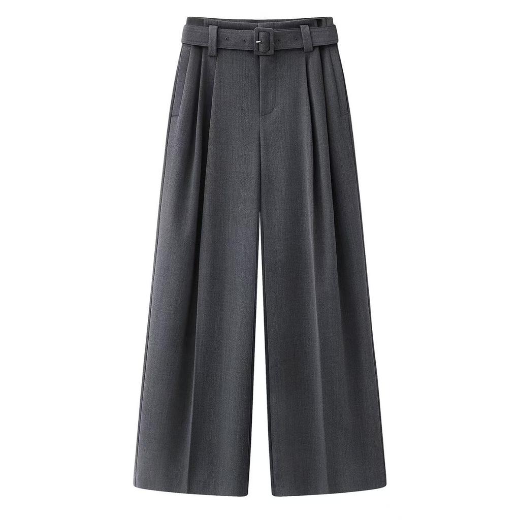 In Stock: 2025 Winter Grey Straight Casual Pants with Belt - Women's Style BR301161