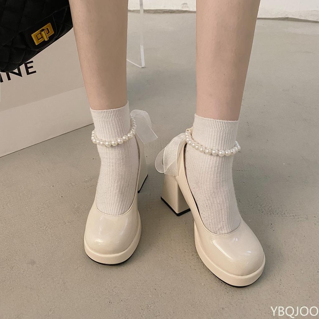 French pearl Women's high heels Mary Jane shoe Bow buckle thick heel shoes Ladies sexy elegant banquet shoes Mujer De