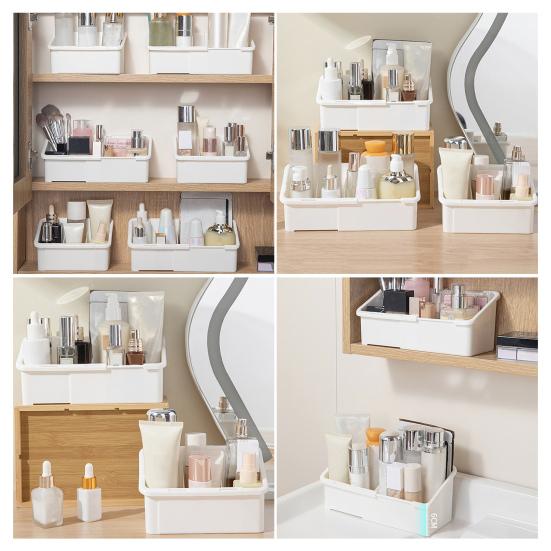 Cosmetic Storage Box Adjustable with 3 Compartments Cosmetic Organizer for Mirror Cabinet Slim Expandable Makeup