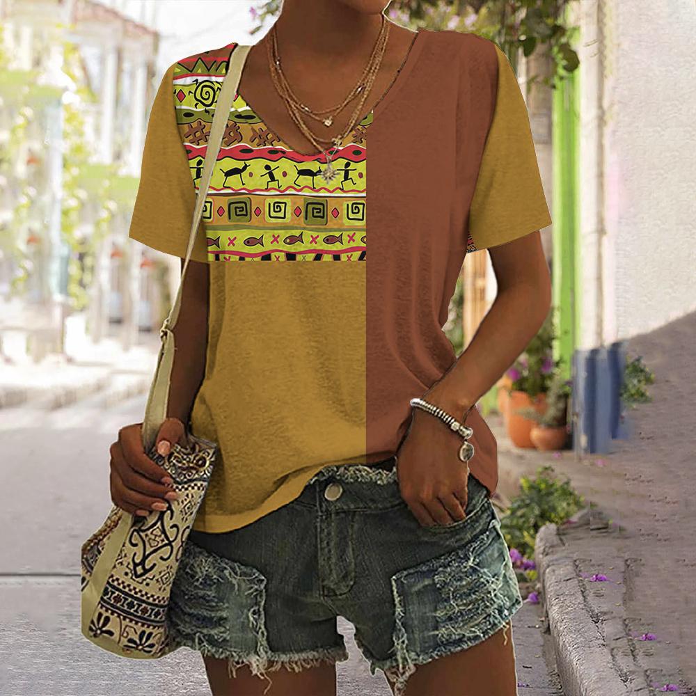 Letnia Vintage Etniczna Sun 3D Print T-shirt Kobiety Streetwear T-shirty Y2k Topy Kobieta Harajuku Koszulki z dekoltem w serek Oversized Odzież