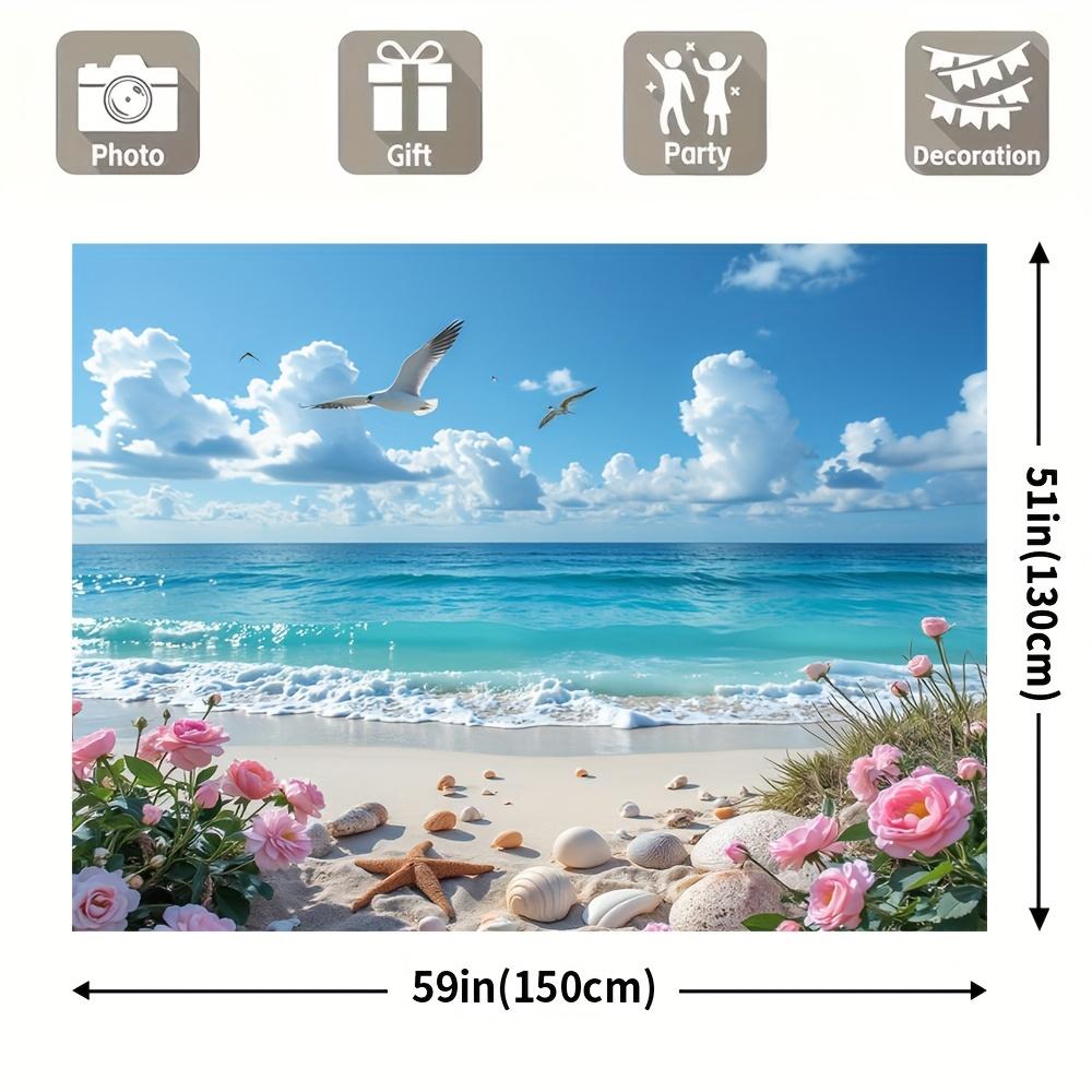 1pc Sea View Background Banner - Durable polyester, sea and blue sky with seagulls, white clouds and beach scenes