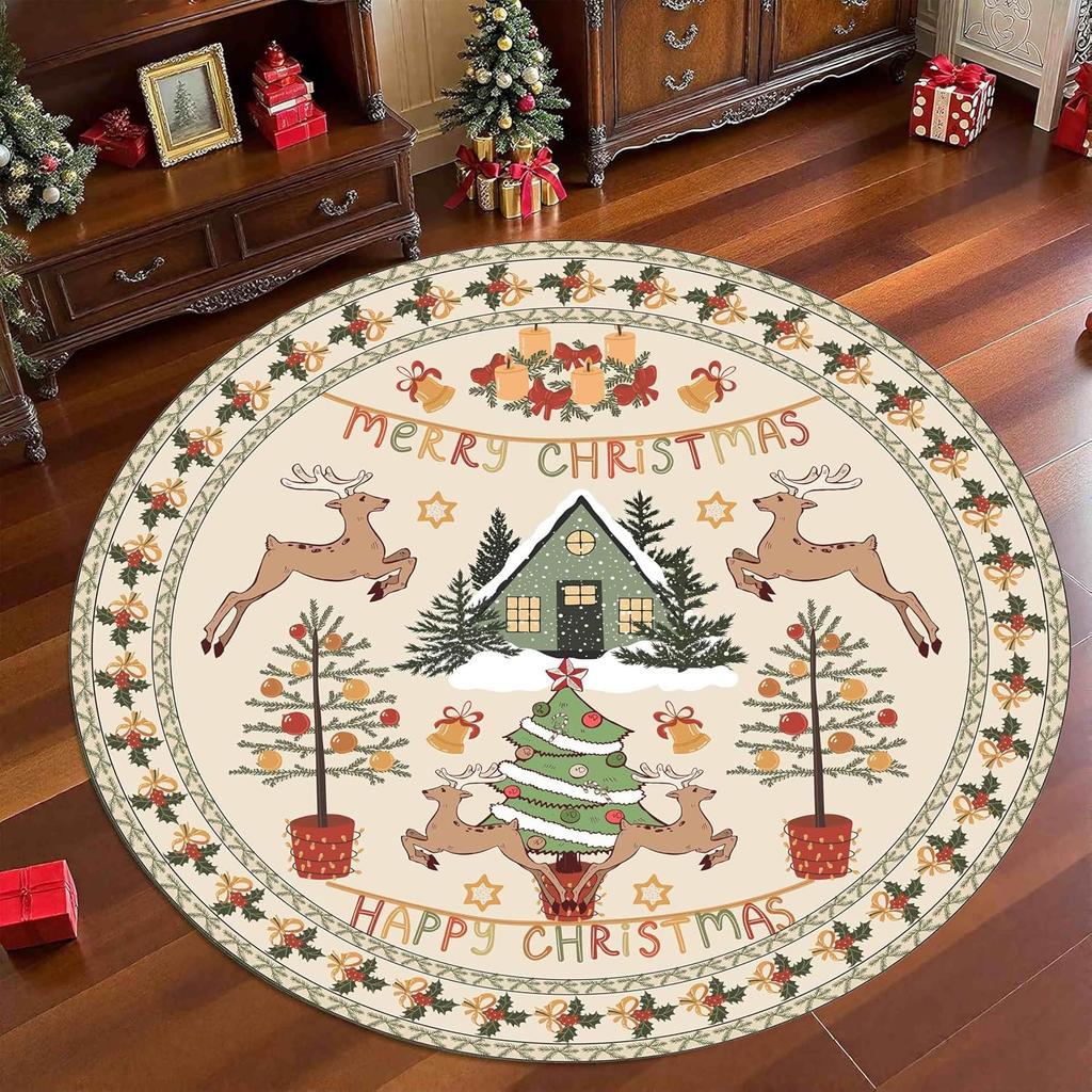 Festive Luxury Round Carpet Christmas Reindeer Area Rug Anti Slip Vintage Medallion Pattern Living Room Bedside Floor Mat
