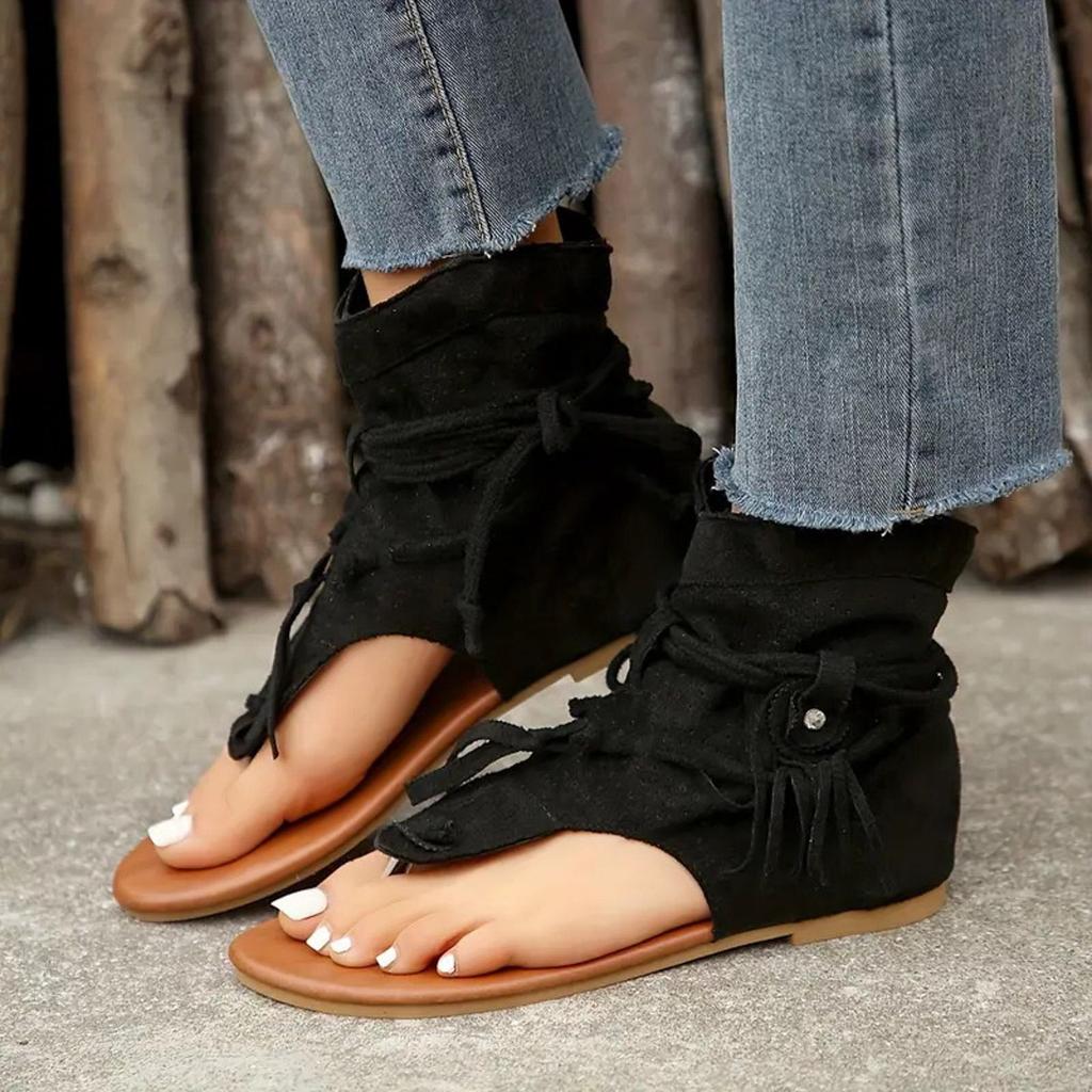 Lace Up Platform Sandals For Women Flat Soled Thong Toed Women'S Slippers Fashionable And Casual Tassel Hollow Zapatos De Mujer