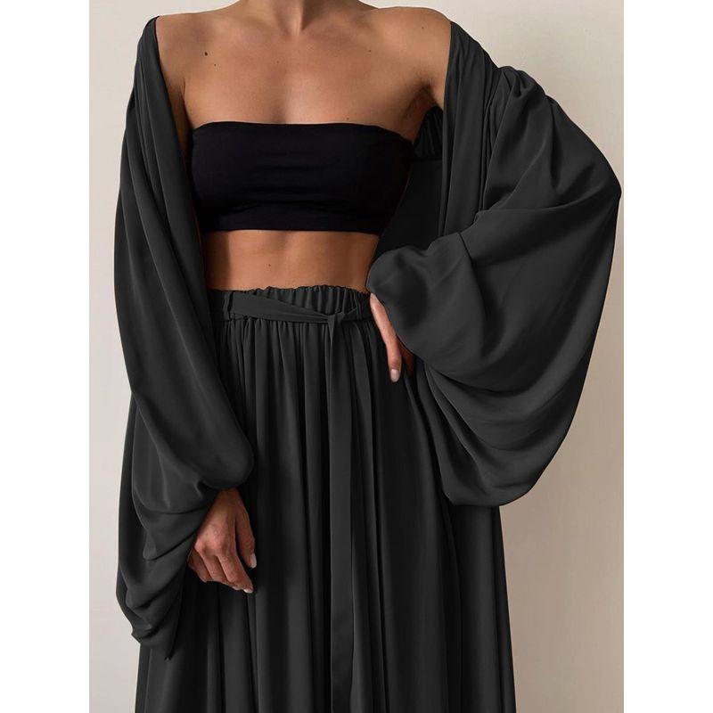 

Европейский и американский сексуальный удлиненный кардиган с рукавами-фонариками, кардиган с длинными рукавами-фонариками, топ-труба, широкие брюки-моп Black L