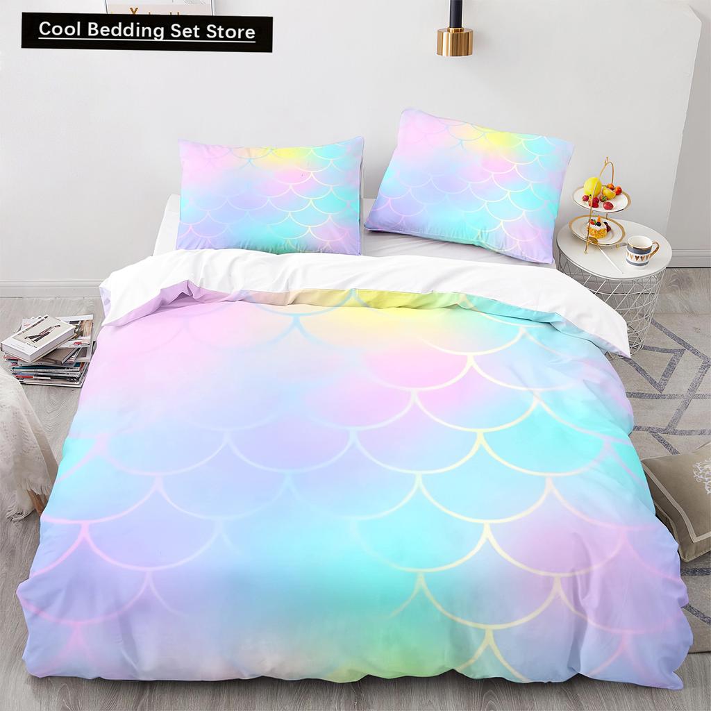Mermaid Tail Duvet Cover King Queen Size Kids Fish Scales Bedding Set Girly Ocean Animal Princess 2/3pcs Polyester Quilt Cover