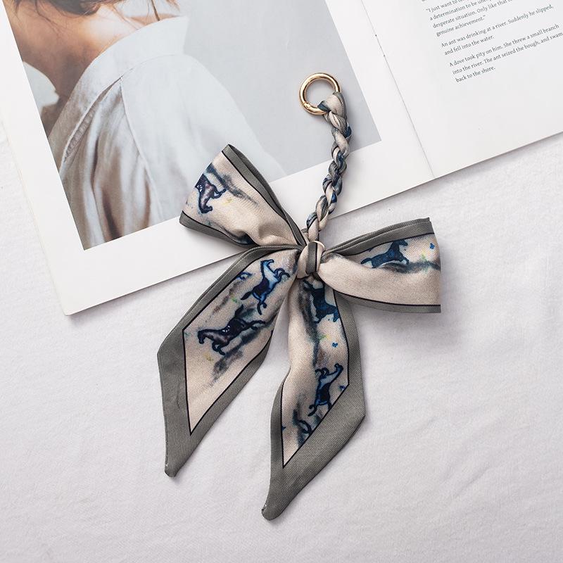 Silk Scarf Keychain with Horseshoe Buckle and Ribbon Bow for Bags and Cars