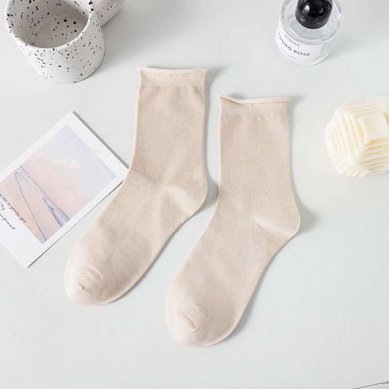 Loose Rolled-up Socks for Women In Summer, Thin and Breathable Mid-calf Socks, Solid-colored Cotton Pile Socks