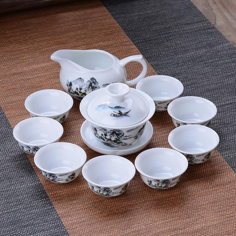 Tea Set Green Ceramic Home Brewing Tea Kung Fu Bowl Set of Simple Office Parlor Tea Cups