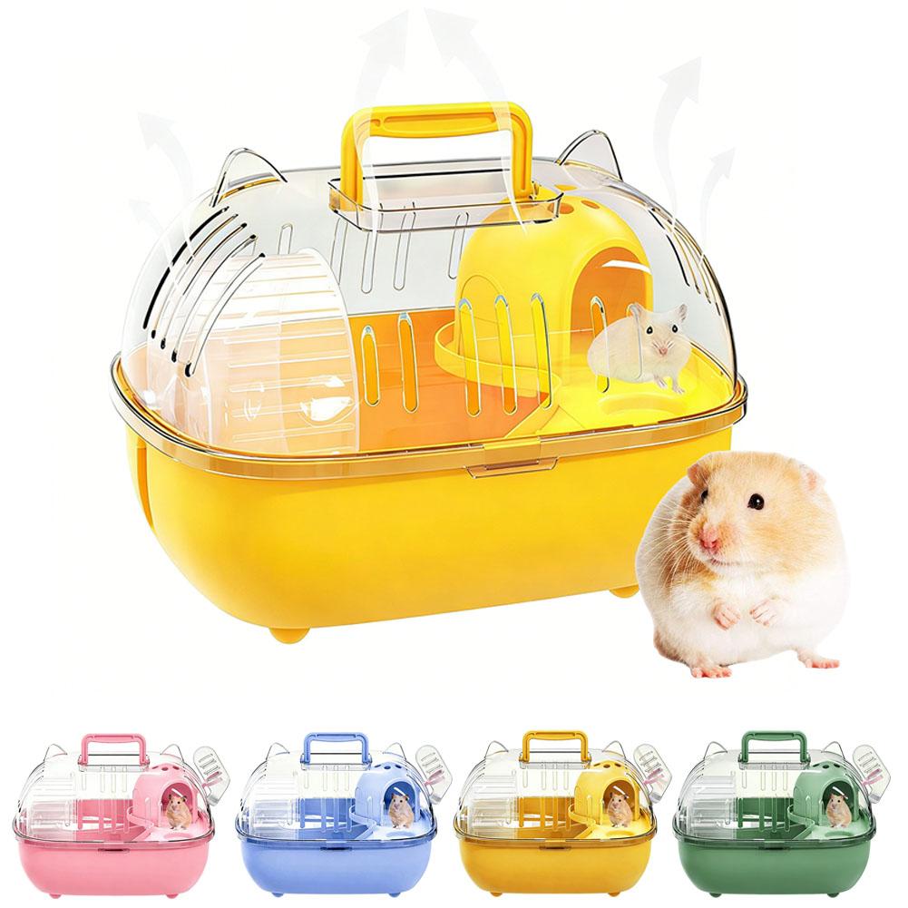 1pcs Multi-Function Portable Hamster Cage Beige Double Layer Large Space Travel Carrier Box Breathable Carry Cage for Hamsters