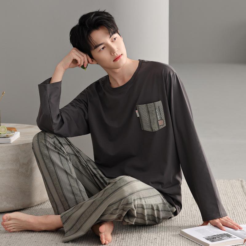 Pure Cotton Pajamas Men'S Spring And Autumn Long Sleeves Can Be Worn Outside, Round Neck Pullover Men'S Large Size Loungewear Suit