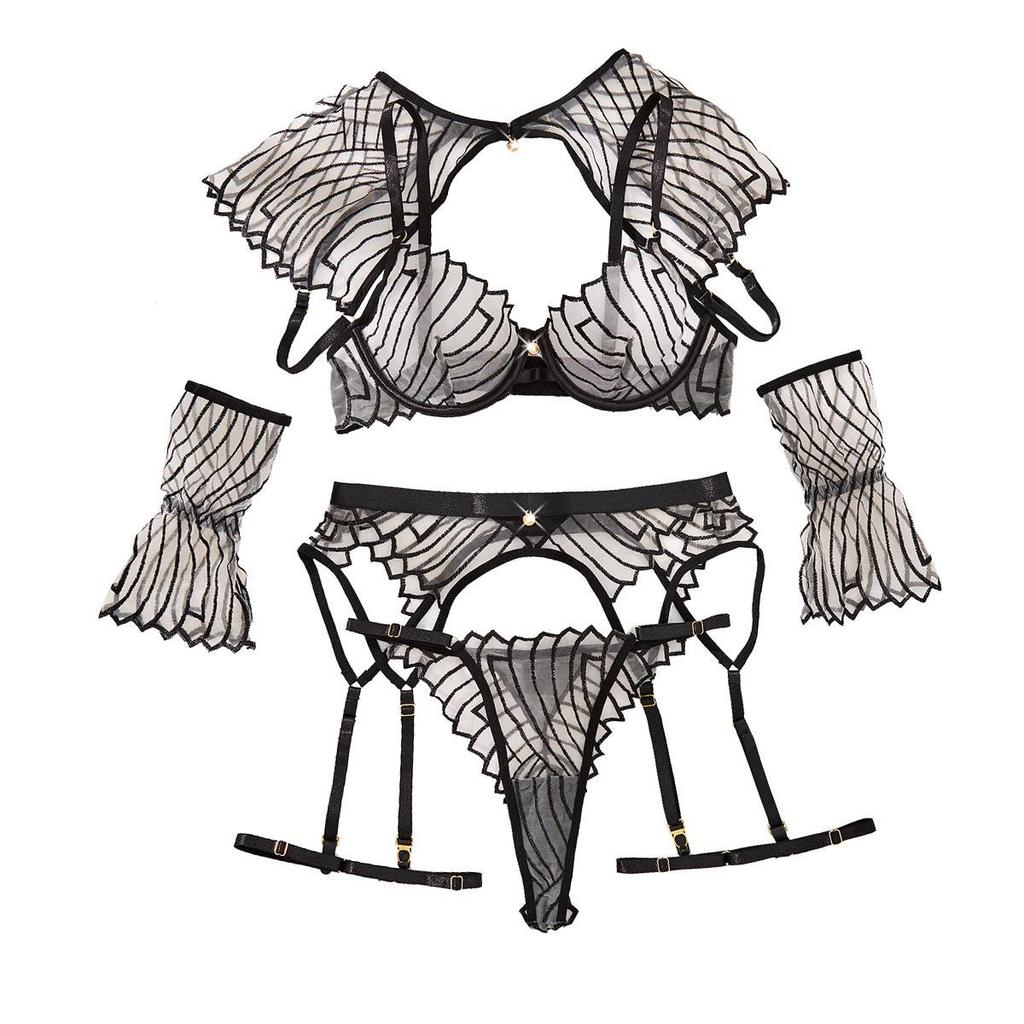 Women's Sexy Sheer Lingerie Set Embroidered Cape Garter Belt Set Adjustable Push-Up Bra Set