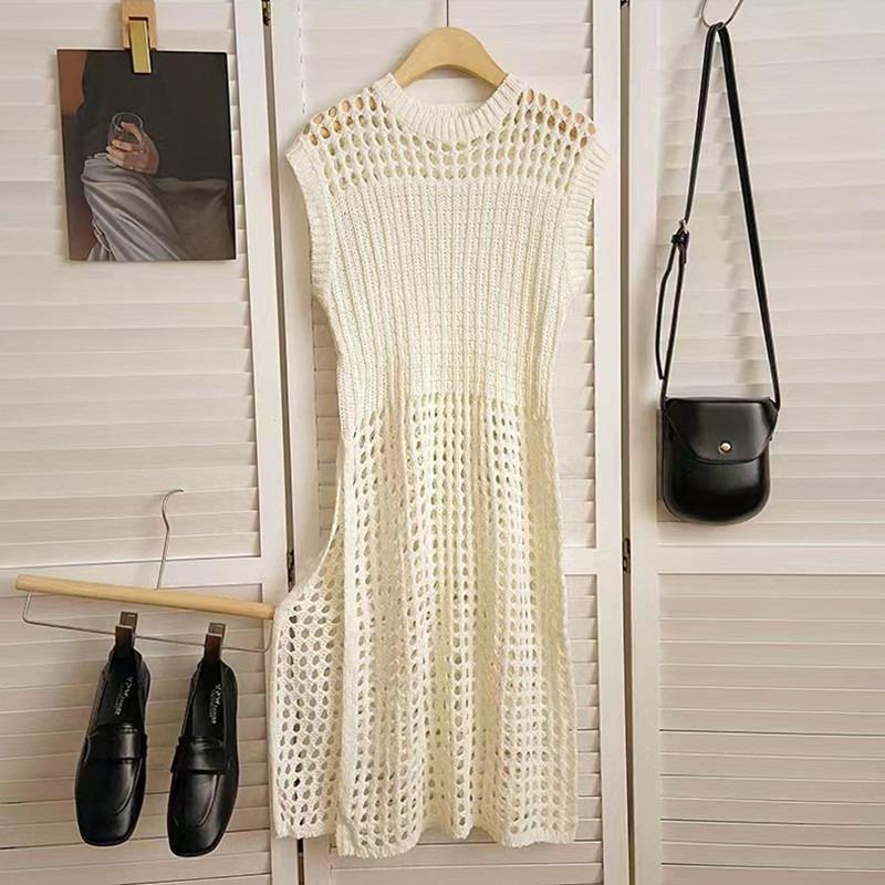 Summer Sleeveless O Neck Hollow Out Knitted Mesh Short Dress Women Fashion Loose Casual Holiday High Split Sexy Party Dresses Solid Thin Covers Up