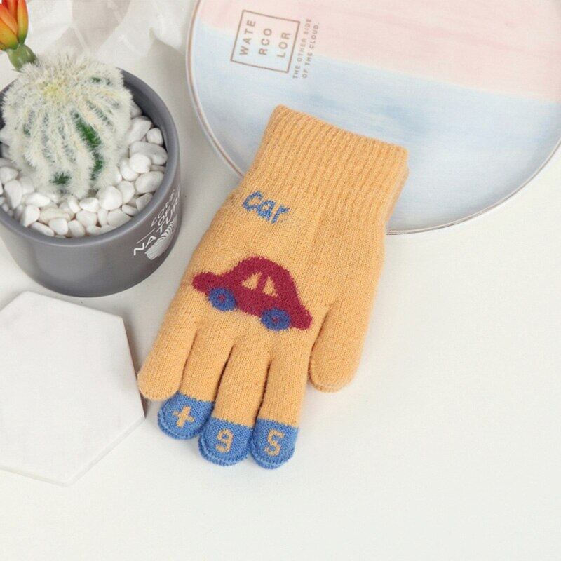 Children Gloves For 4-8 Years Boys Girls Winter Knitted Soft Warm Cartoon Car Full Finger Gloves