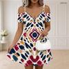 Women Plus Size Cold Shoulder Printed Dress V Neck Zipper Short Sleeve Chain Strap Flared Hem
