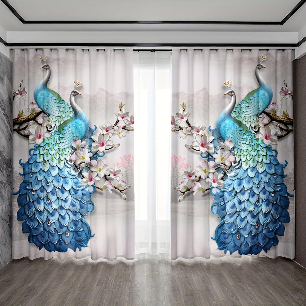 2pc Blue Peacock and Golden Tree Pattern Curtain Set Rod Pocket Mount Digital Printed Polyester Curtains for Living Room Kitchen