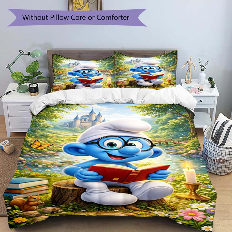 3pcs Duvet Cover Set (1*Duvet Cover + 2*Pillowcase, Without Core), Blue Smurfs Print Bedding Set, Bedroom Decor, All‑Season, Birthday Gift