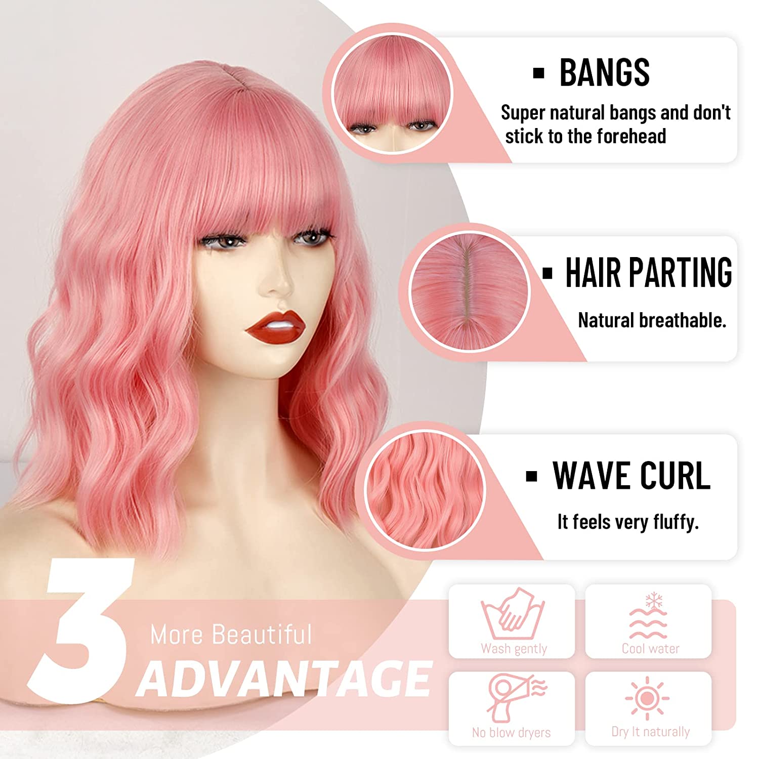 MERISIHAIR Короткие розовые парики с челкой — фото 4