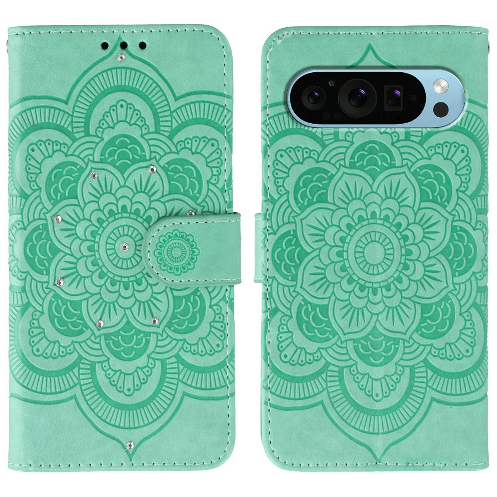 

For Google Pixel 10 Pro XL/9 Pro XL Case Rhinestone Decor PU Leather Mandala Imprinted Design Phone Cover with Wrist Strap Green