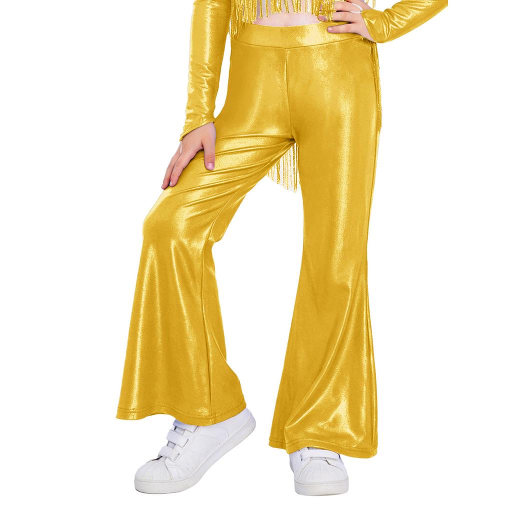 Girls Stage Performance Metallic Flared Pants Sparkling Sequin Tassels Back Invisible Zipper Bell Bottom Trousers